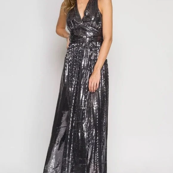 She + Sky Night Silver Sequin Low Cut V-neck Maxi Dress  Homecoming NYE Cruise S - Picture 5 of 13